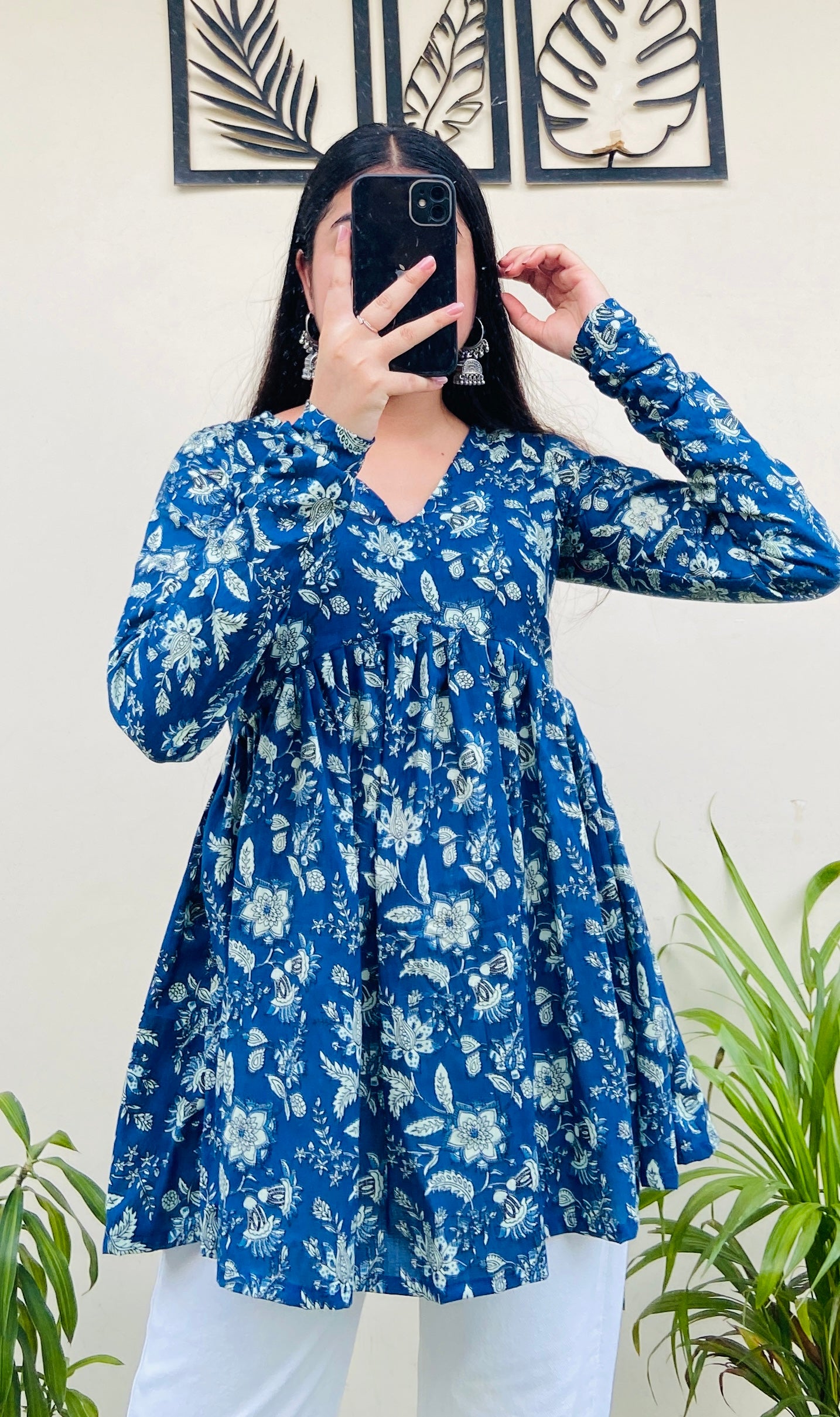 Cotton Flared Royal Blue Aliacut Floral Print Peplum Top