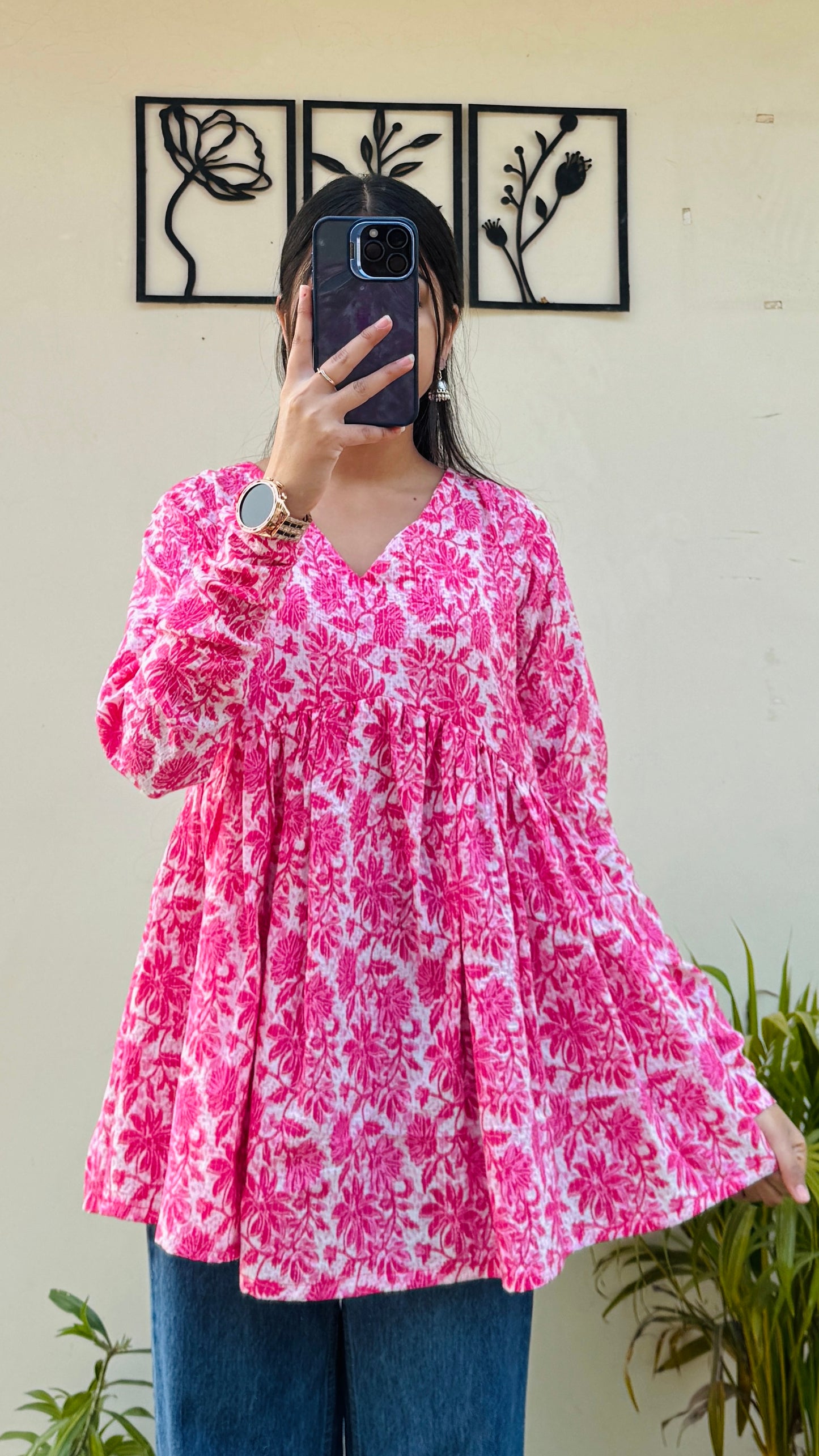 Cotton Katha Pink Printed Flared Peplum Top