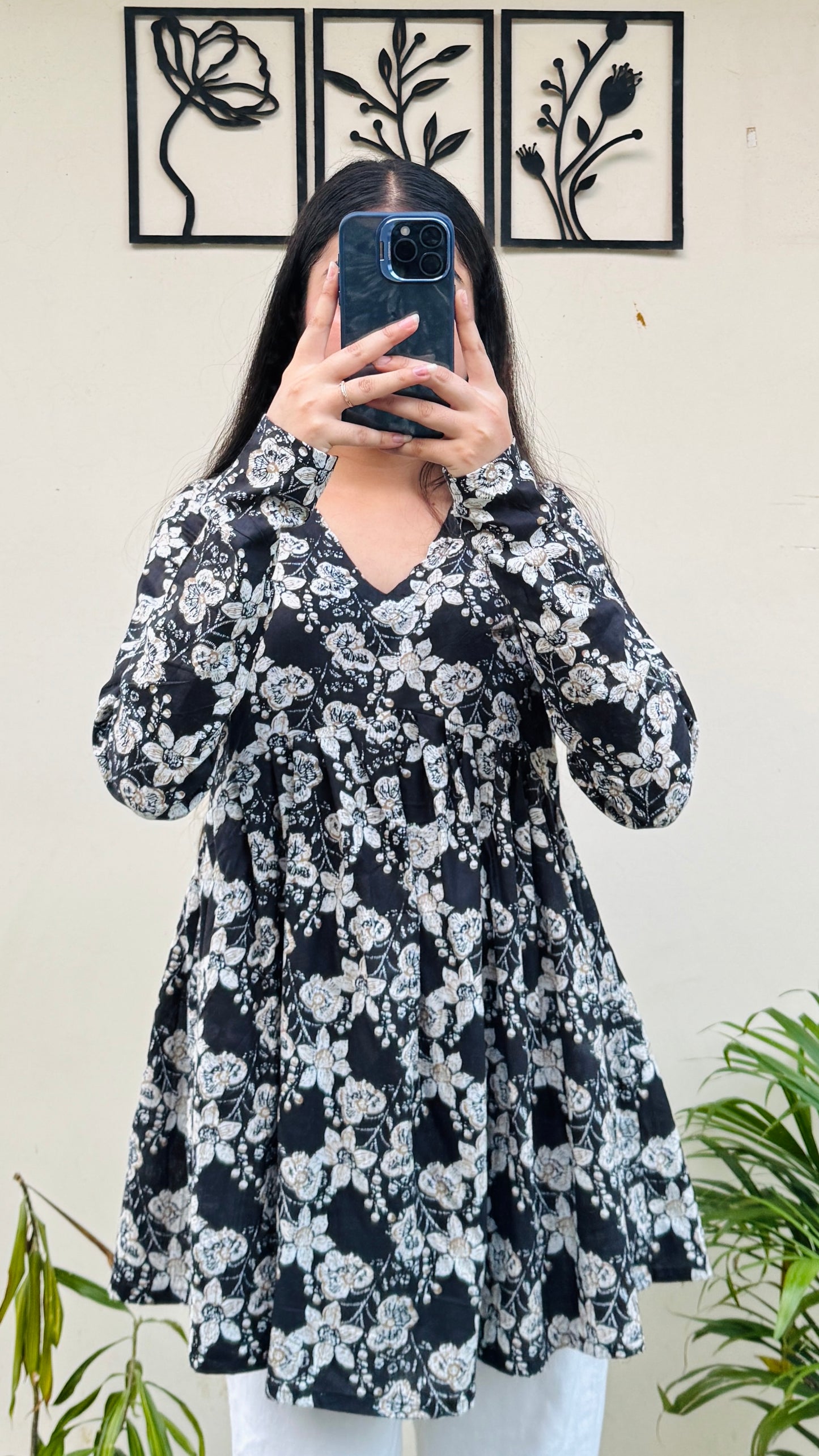 Cotton Flared Black Aliacut Printed Peplum Top