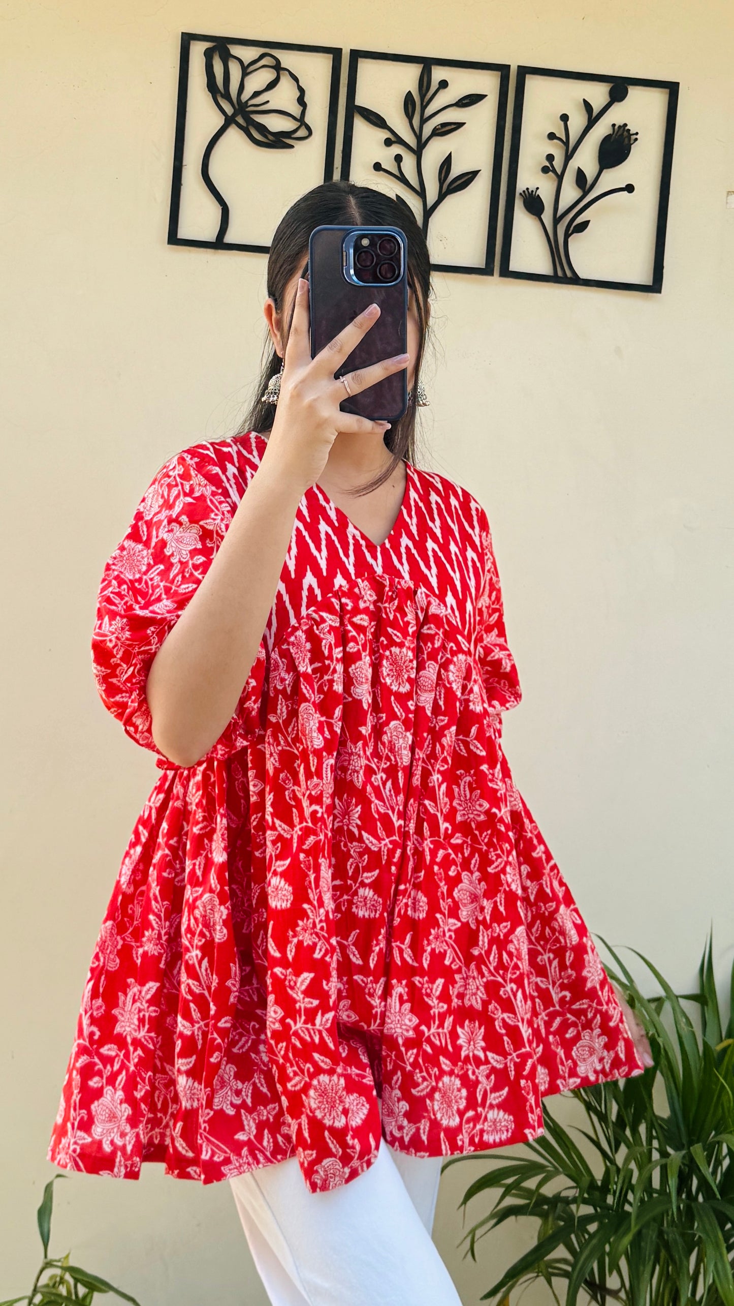 Cotton Flared Puff Sleeves Red Aliacut Floral Print Peplum Top
