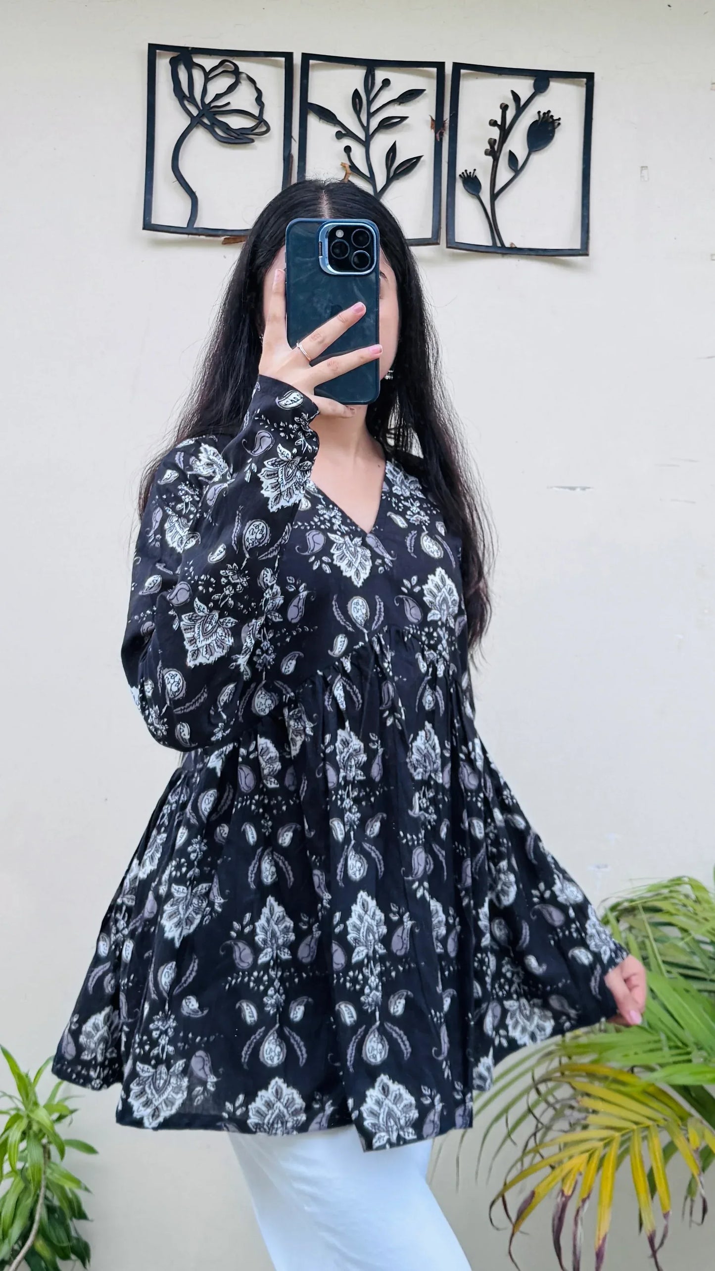 Cotton Blue Flared Printed Aliacut Peplum Top - Dolled Up