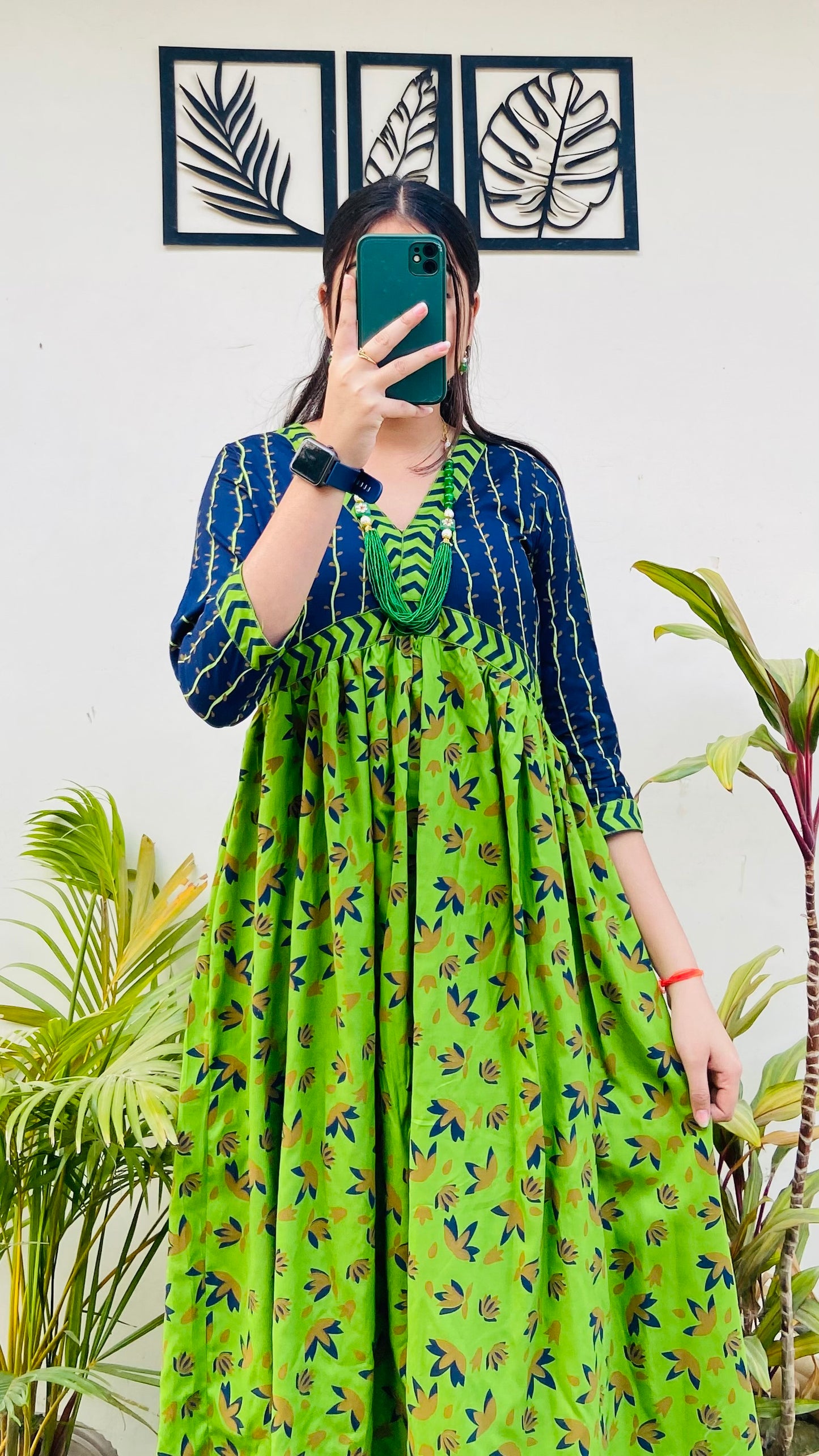 Beautiful Blue & Green Rayon Printed Dress