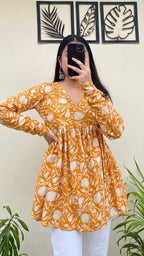 Cotton Yellow Flared Aliacut Floral Print Peplum Top - Dolled Up