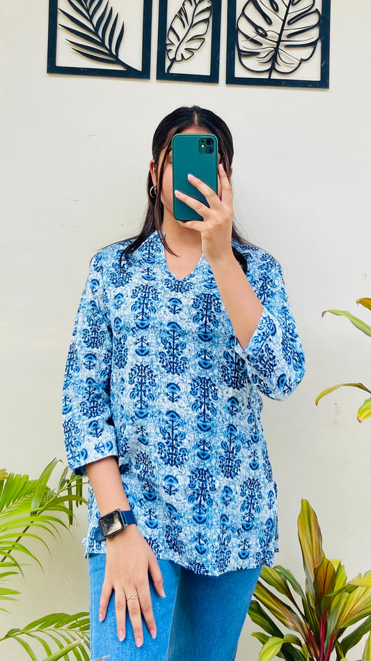 Blue Printed Cotton Short Kurti