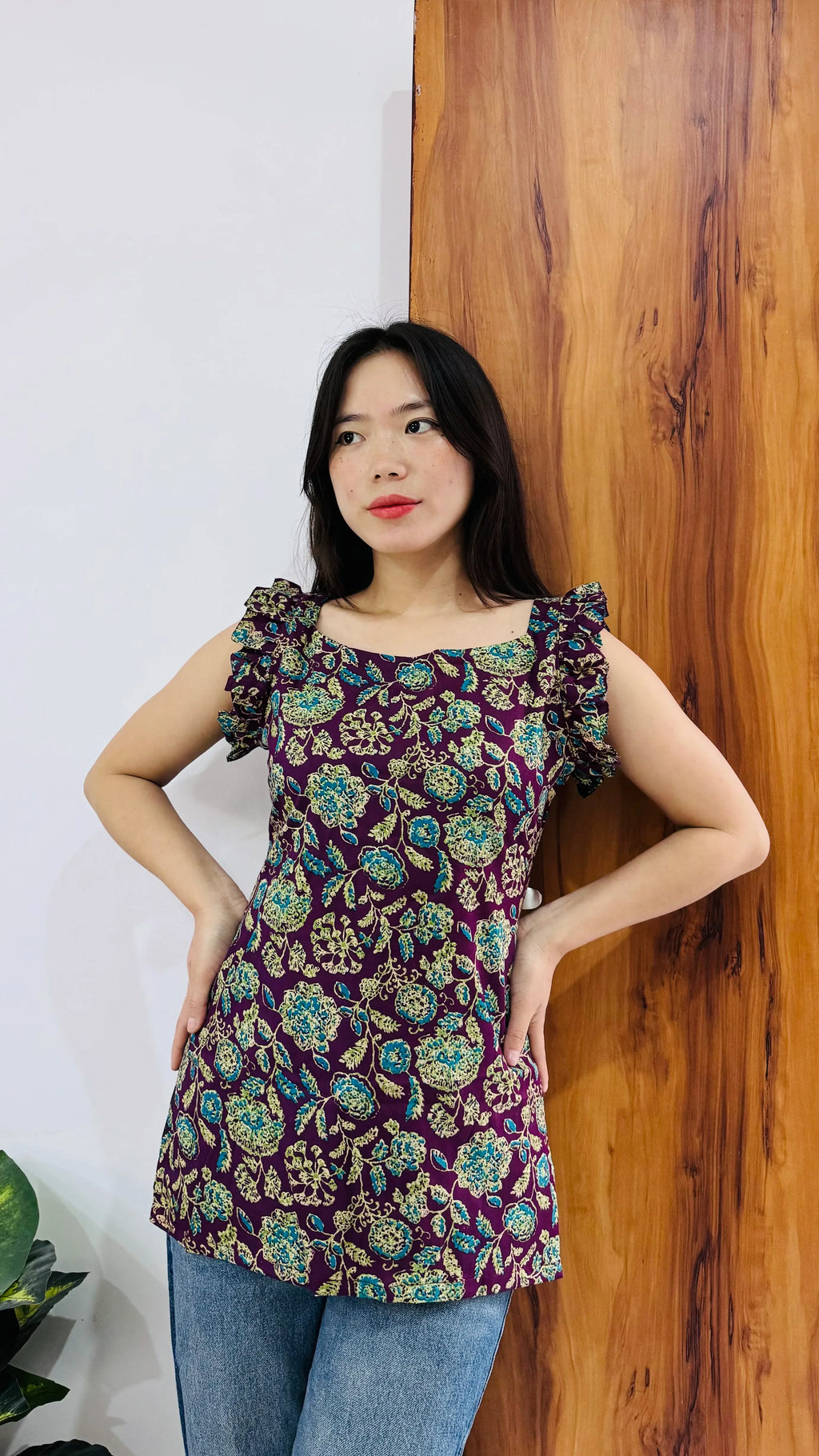 Cotton Wine Sleeveless Ruffle Short Kurti - Dolled Up