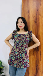 Cotton Wine Sleeveless Ruffle Short Kurti - Dolled Up