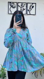 Cotton Blue Flared Printed Aliacut Peplum Top - Dolled Up