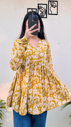 Katha Cotton Yellow Flared Floral Print Aliacut Peplum Top - Dolled Up