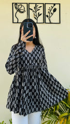 Cotton Black Flared Printed Aliacut Peplum Top - Dolled Up