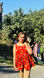 Cotton Flared Red Back Less Neck Design Short Kurti - Dolled Up
