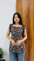Cotton Wine Sleeveless Ruffle Short Kurti - Dolled Up