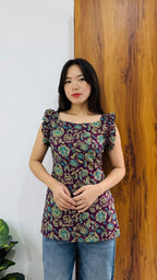 Cotton Wine Sleeveless Ruffle Short Kurti - Dolled Up
