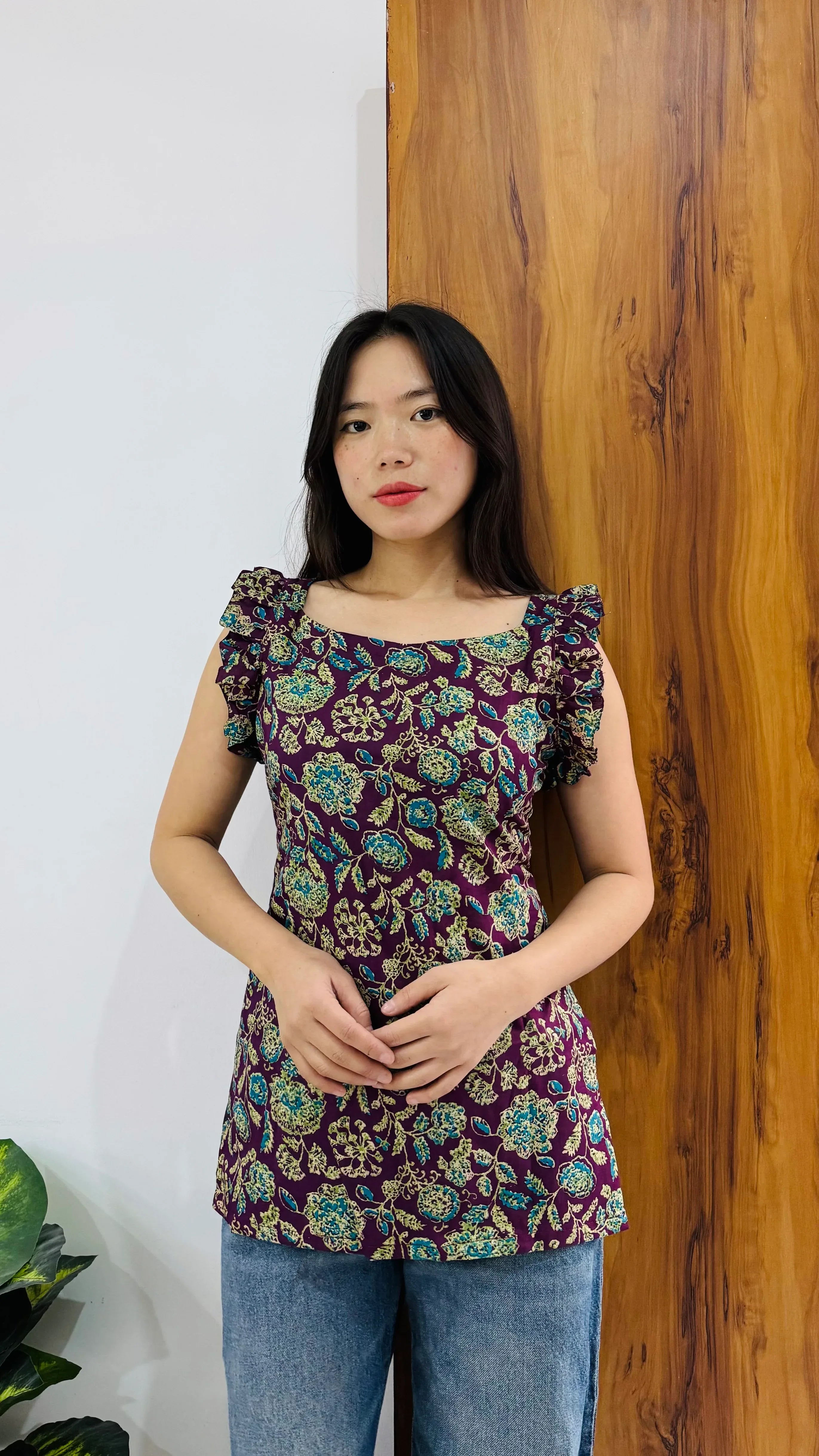 Cotton Wine Sleeveless Ruffle Short Kurti - Dolled Up