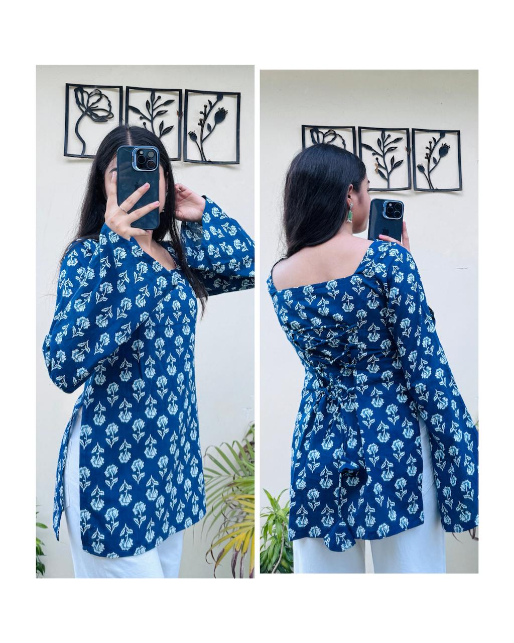 Cotton Square Neck Corset Back Short Kurti