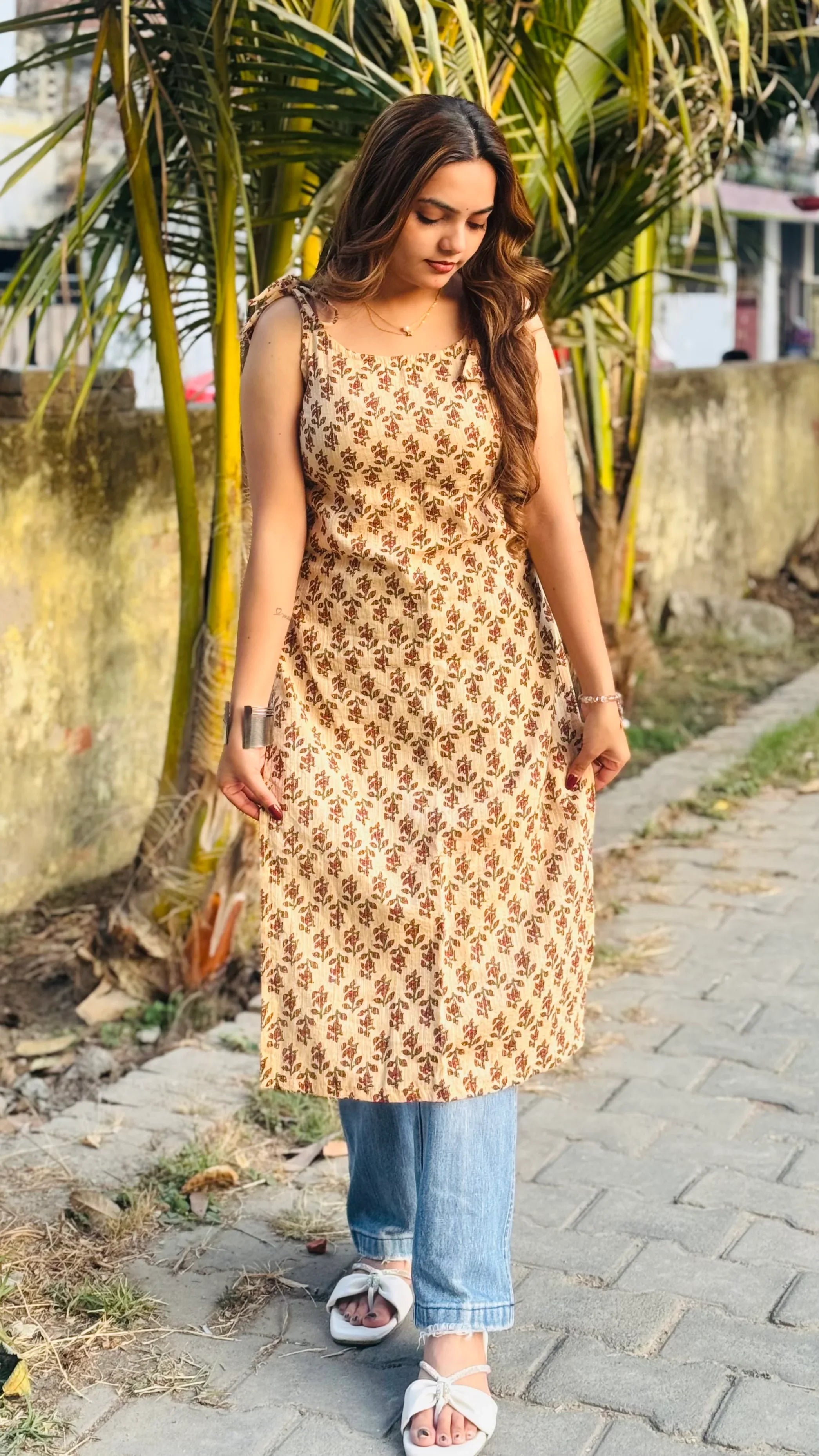 Cotton Katha Ajrakh Print Tie Knot Long Kurti - Dolled Up