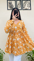 Cotton Yellow Flared Aliacut Floral Print Peplum Top - Dolled Up