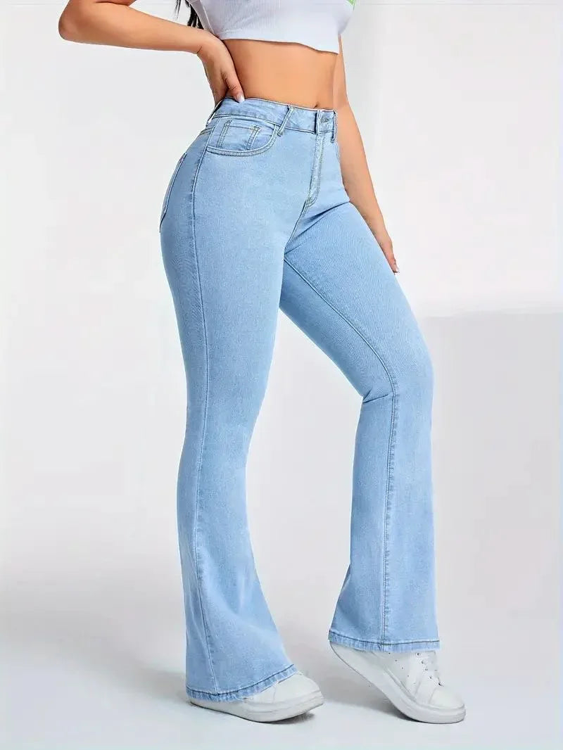 High Waisted Ice Blue Bootcut Flared Jeans - Dolled Up