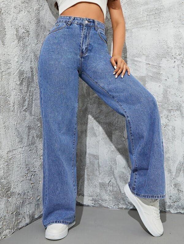 High Waisted Stone Blue Wide Leg Denim Jeans - Dolled Up