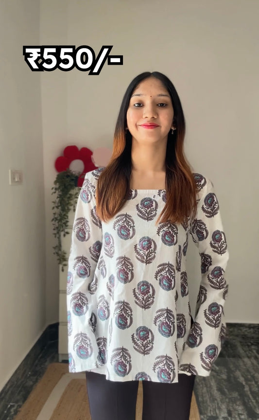 Cotton Bell Sleeves Back Crisscross design Short Kurti