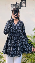 Cotton Black Flared Printed Aliacut Peplum Top - Dolled Up