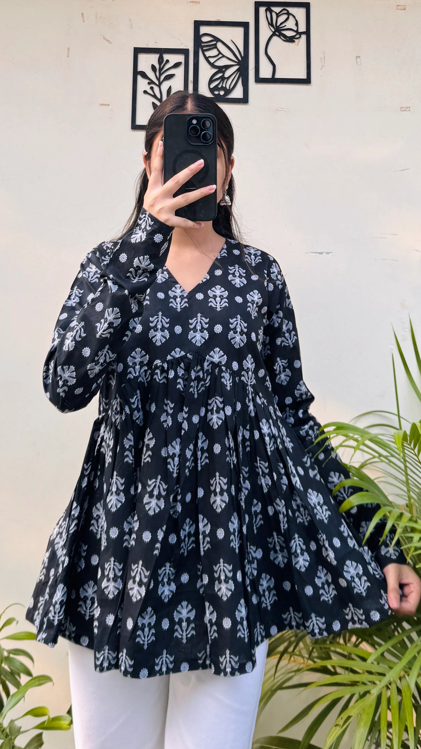 Cotton Black Flared Printed Aliacut Peplum Top - Dolled Up