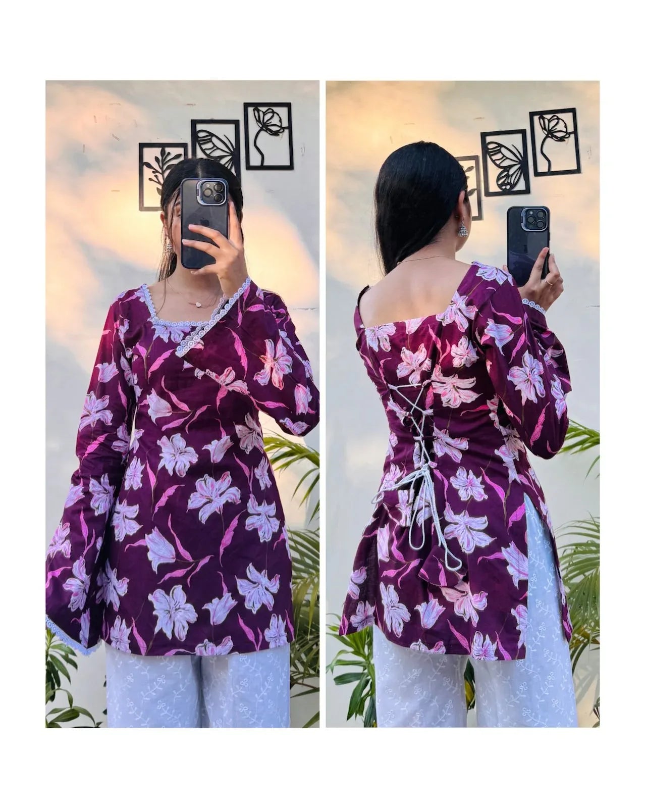 Cotton Wine Colour Square Neck Lace Detailing Corset Back Short Kurti - Dolled Up