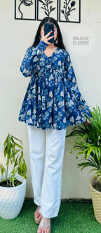 Cotton Flared Royal Blue Aliacut Floral Print Peplum Top - Dolled Up