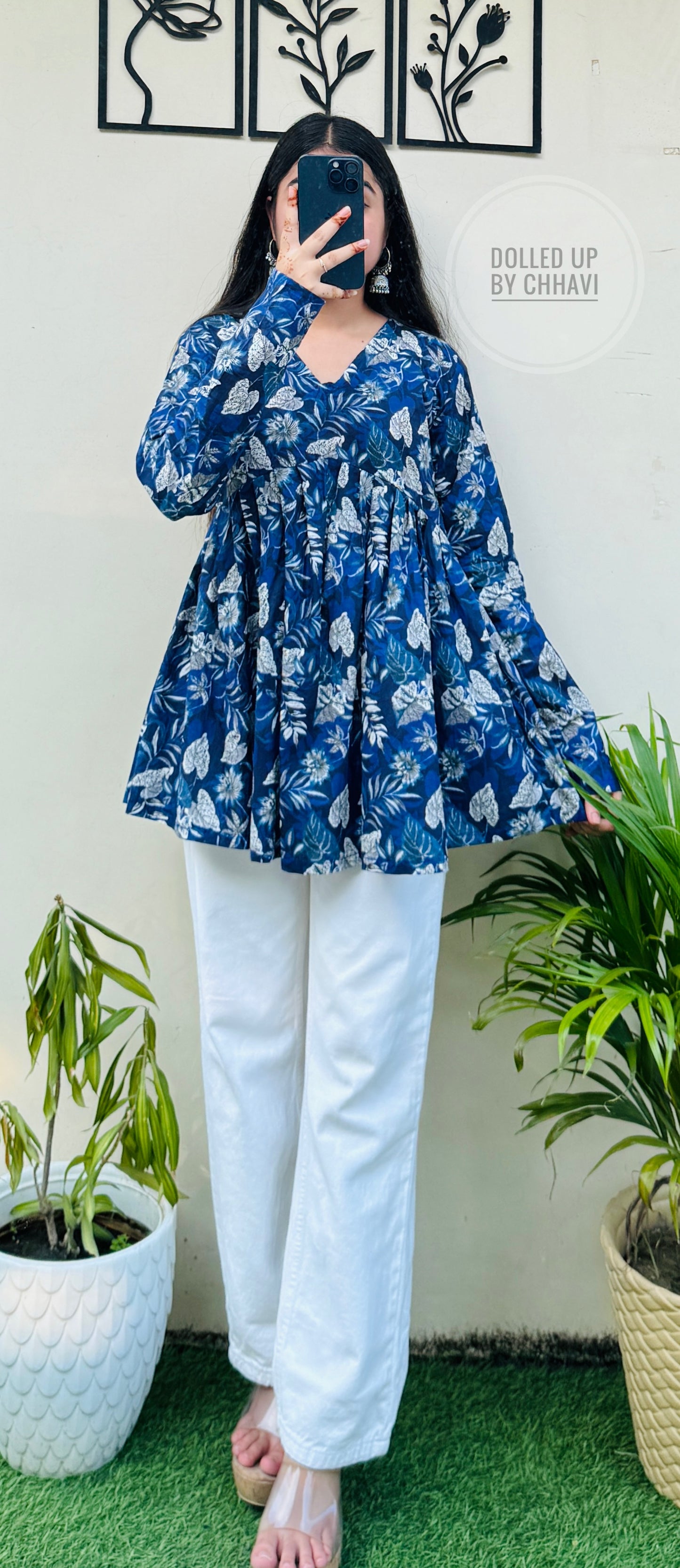 Cotton Flared Royal Blue Aliacut Floral Print Peplum Top