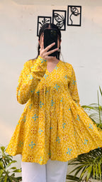 Cotton Yellow Flared Printed Aliacut Peplum Top - Dolled Up