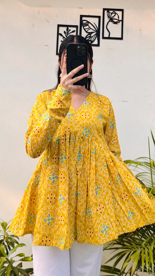 Cotton Yellow Flared Printed Aliacut Peplum Top - Dolled Up