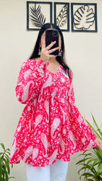 Cotton Flared Pink Printed Aliacut Peplum Top - Dolled Up