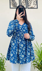 Cotton Flared Royal Blue Aliacut Floral Print Peplum Top - Dolled Up
