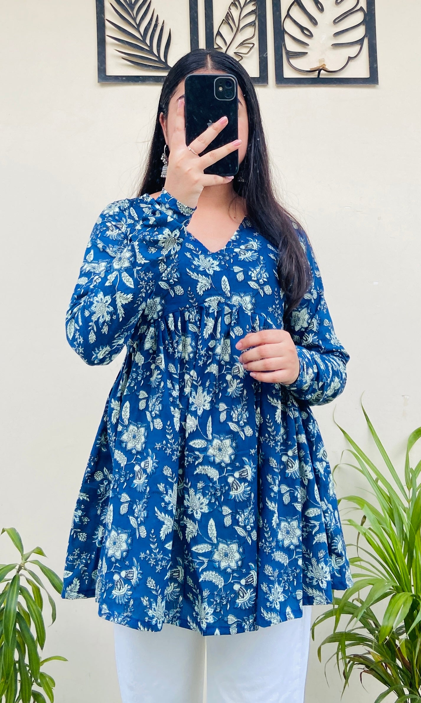 Cotton Flared Royal Blue Aliacut Floral Print Peplum Top
