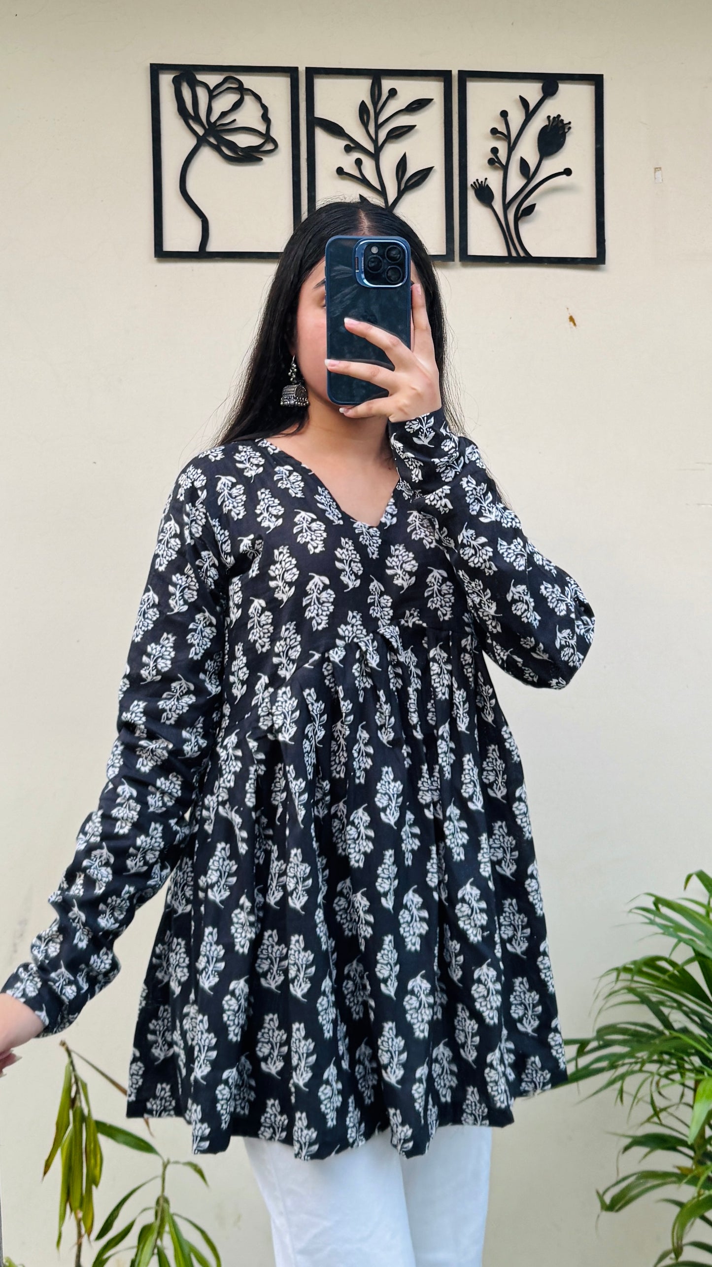 Cotton Flared Black Floral Print Aliacut Peplum Top