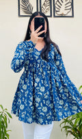Cotton Flared Royal Blue Aliacut Floral Print Peplum Top - Dolled Up