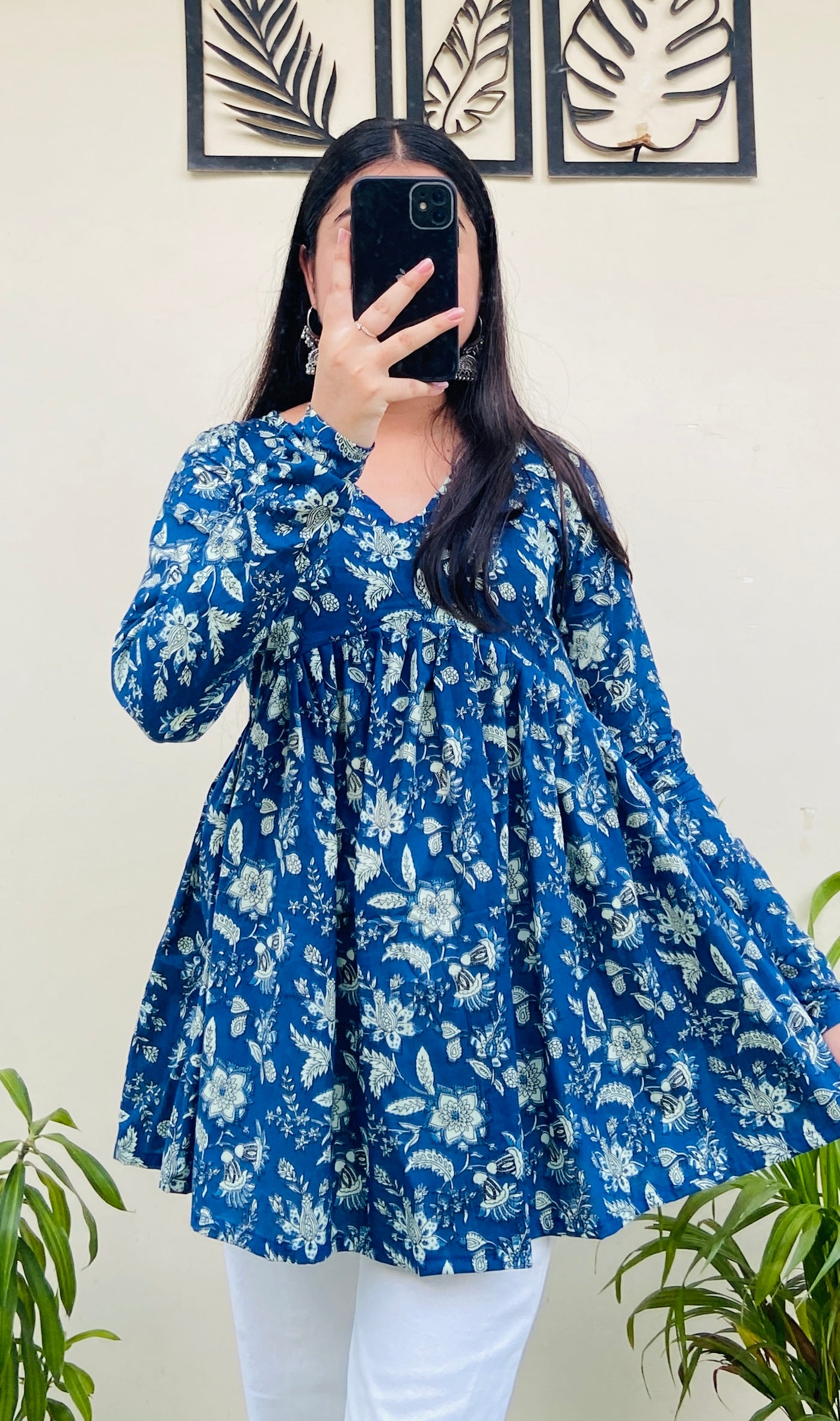 Cotton Flared Royal Blue Aliacut Floral Print Peplum Top