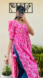 Cotton Katha Pink Puff Sleeves Nyra Cut Long Kurti - Dolled Up