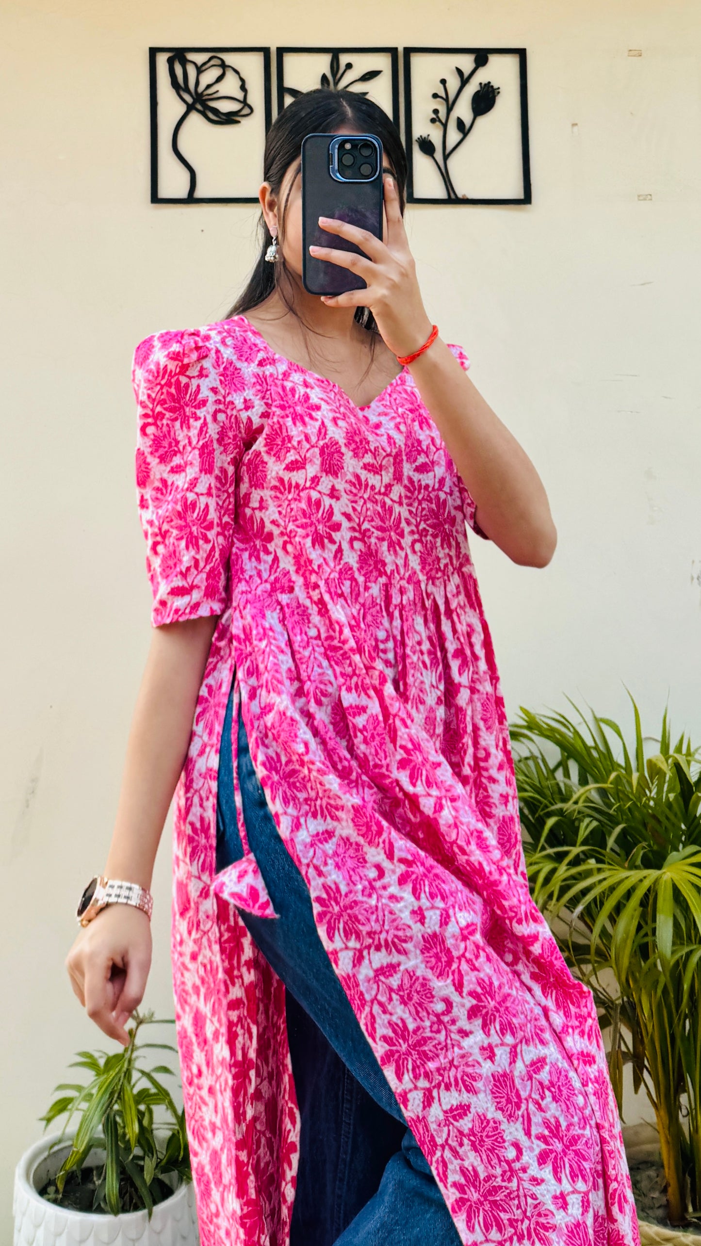 Cotton Katha Pink Puff Sleeves Nyra Cut Long Kurti