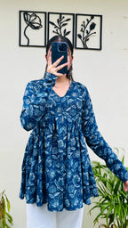 Cotton Flared Blue Aliacut Floral Print Peplum Top - Dolled Up