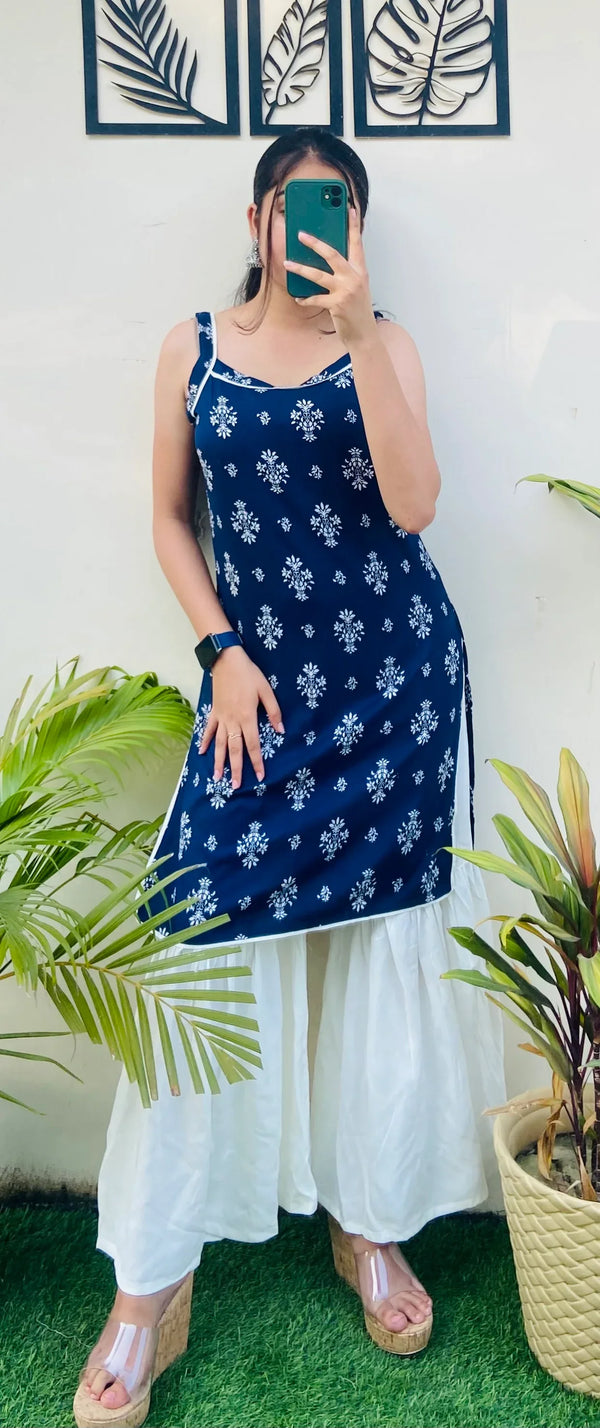 Beautiful Rayon Printed Straight Kurta Sharara Set - Dolled Up