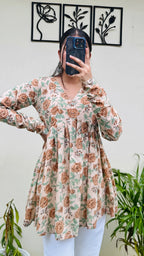 Cotton Flared Beige Aliacut Floral Print Peplum Top - Dolled Up