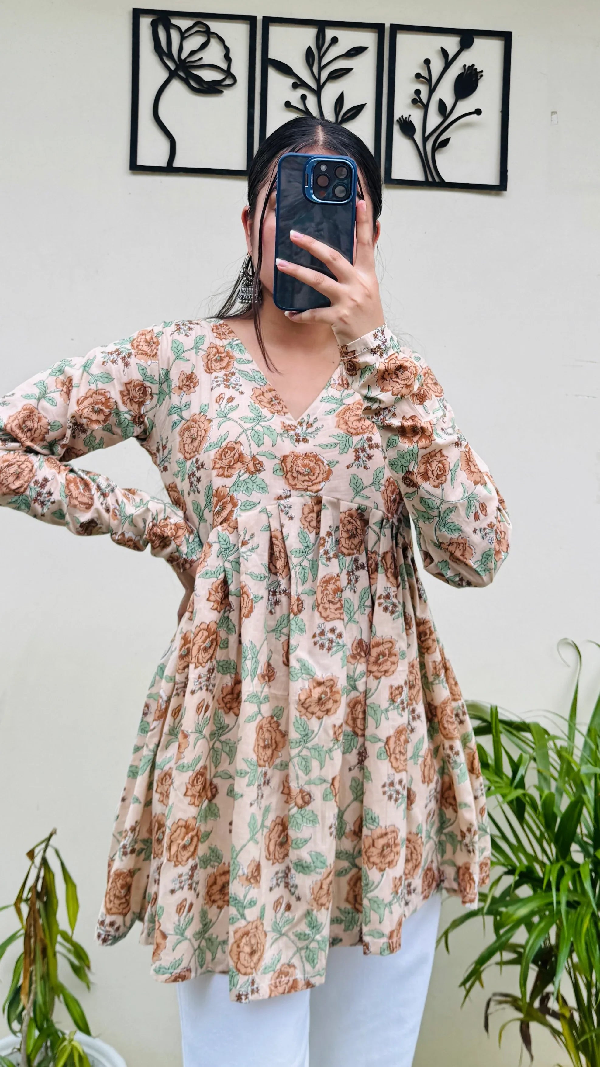 Cotton Flared Beige Aliacut Floral Print Peplum Top - Dolled Up