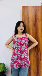 Cotton Katha Pink Floral Print Tie Knot Short Kurti - Dolled Up