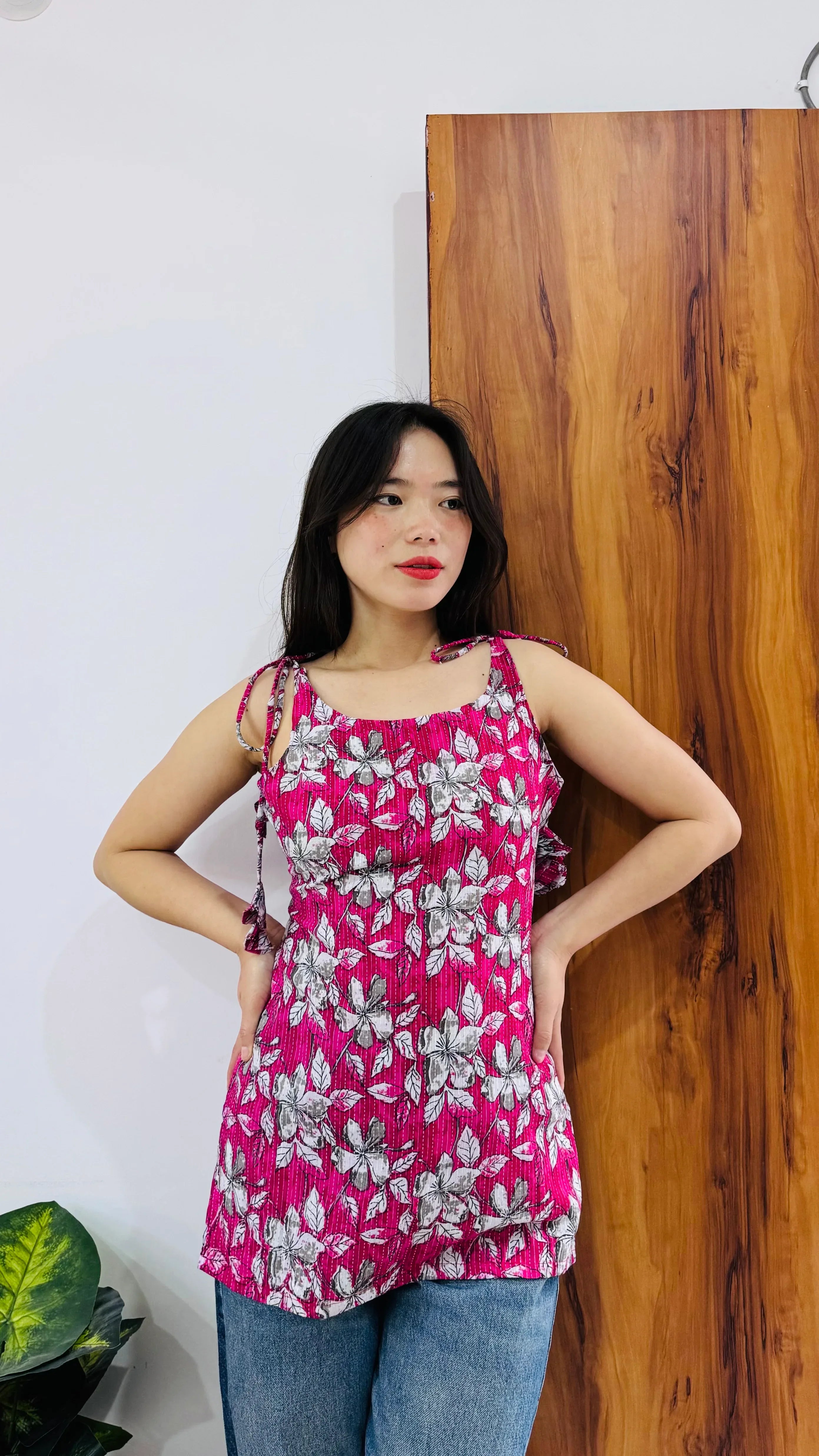 Cotton Katha Pink Floral Print Tie Knot Short Kurti - Dolled Up