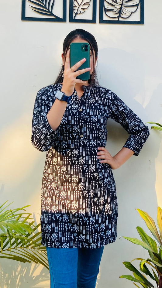 Black Rayon Printed Short Kurti