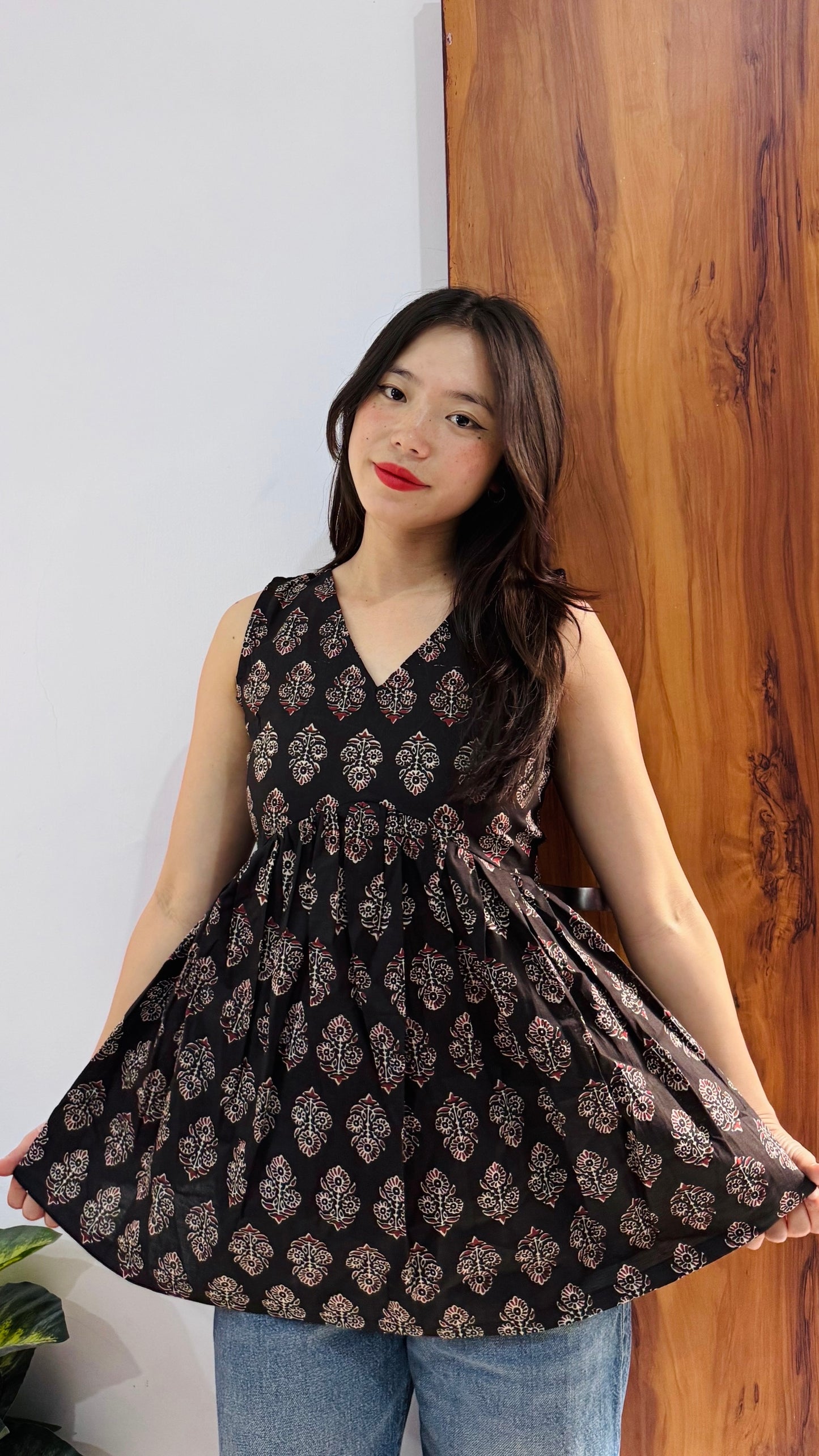 Cotton Flared Sleeveless Black Aliacut Ajrakh Print Peplum Top