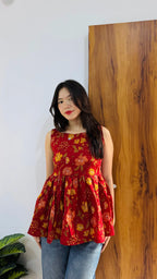 Cotton Flared Red Backless Neck Design Short Kurti - Dolled Up