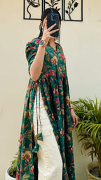 Cotton Printed Green Puff Sleeves Nyra Cut Long Kurti - Dolled Up