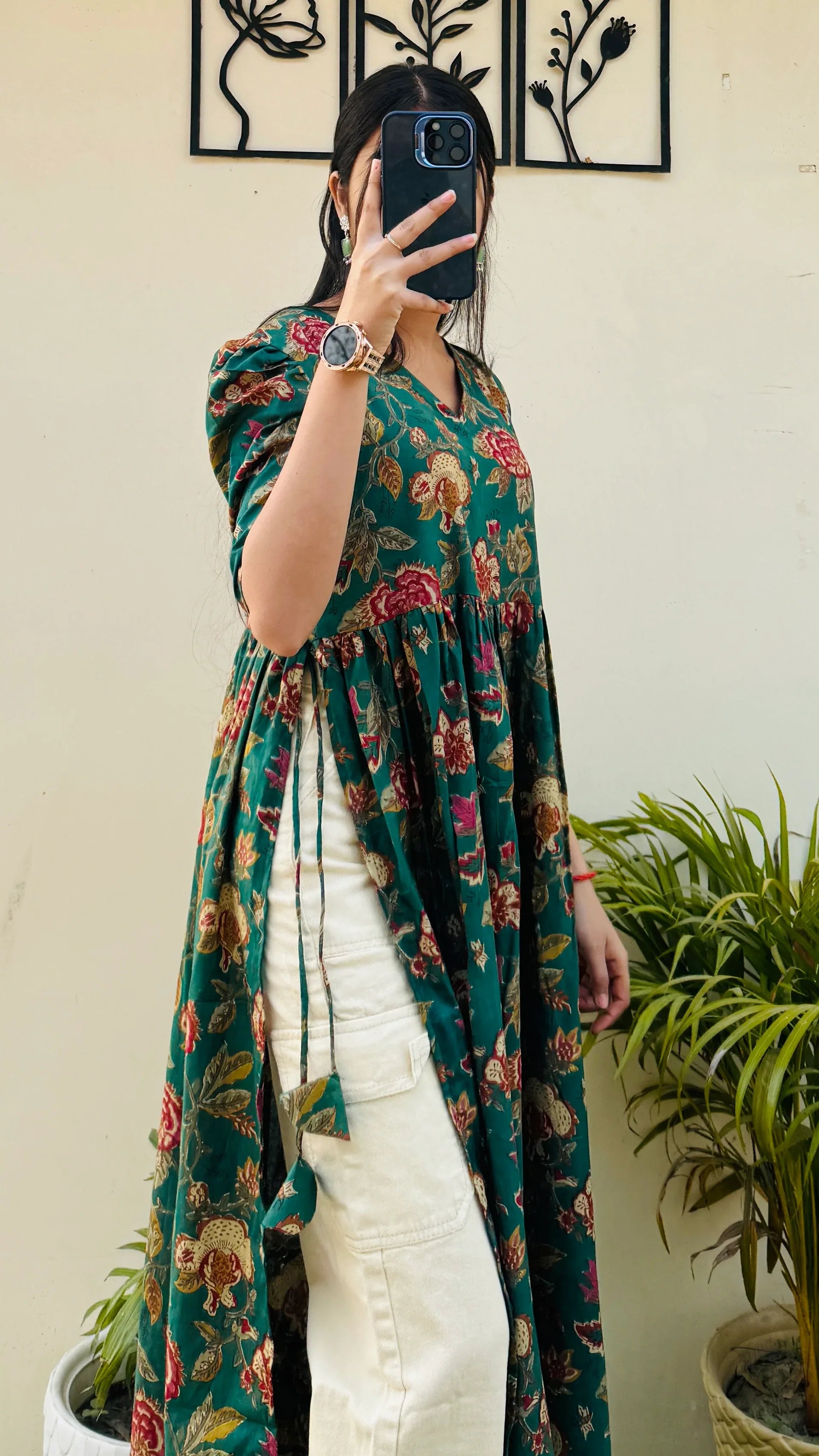 Cotton Printed Green Puff Sleeves Nyra Cut Long Kurti - Dolled Up