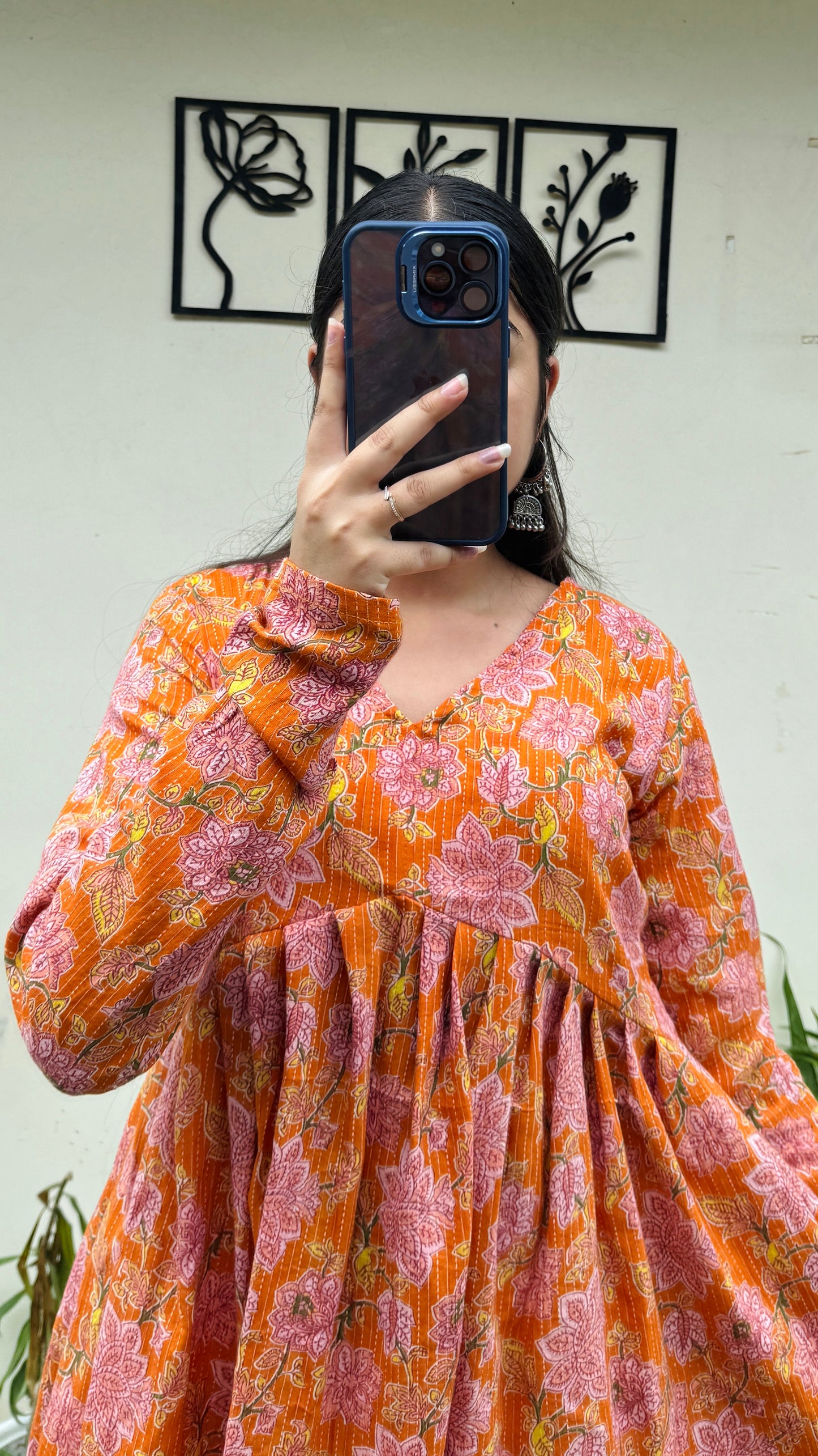 Katha Cotton Orange Flared Floral Print Aliacut Peplum Top